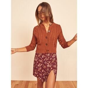 Reformation Foret Organic Cotton Cable Knit Cropped Cardigan Sweater Brown Sz XS